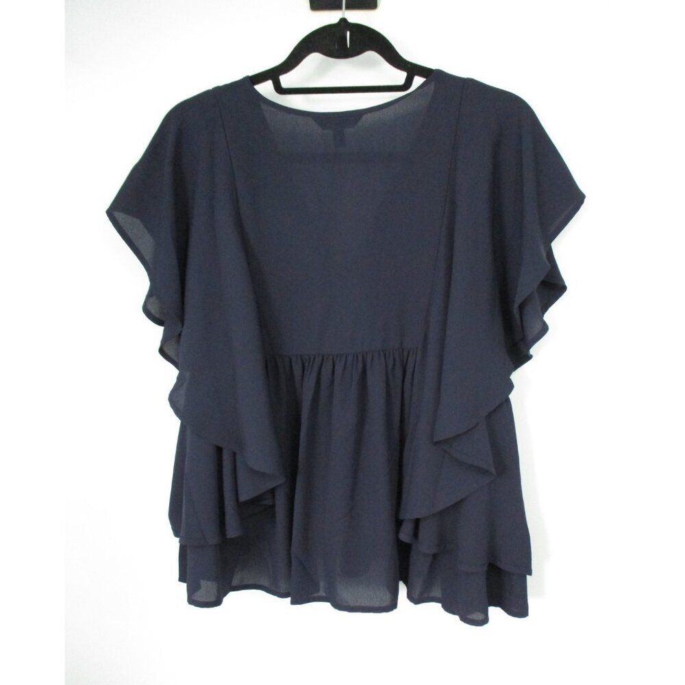 Express Button Front Sheer Sleeveless Navy Blue Blouse Womens L Ruffled - Picture 6 of 14